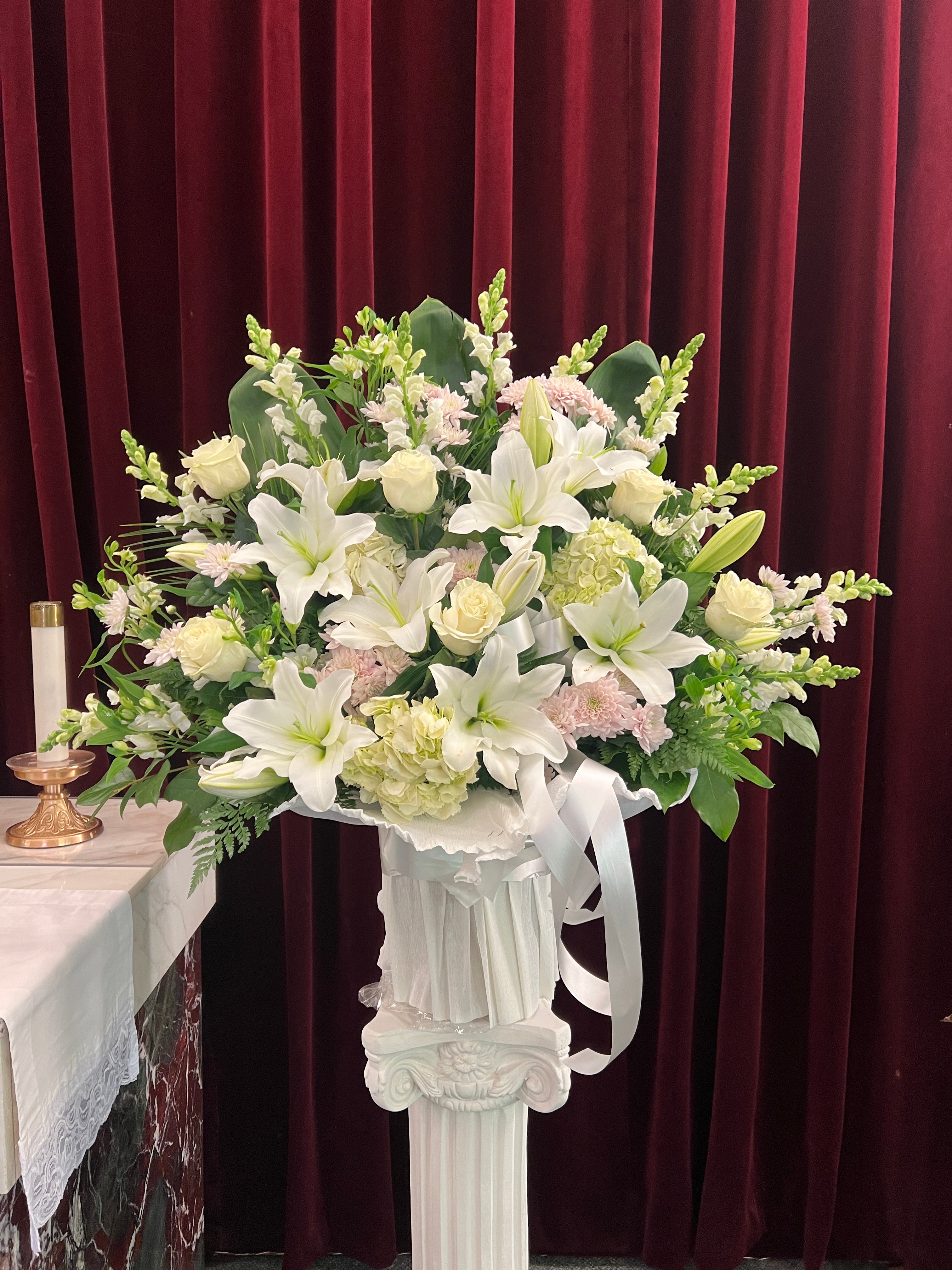 LF2- Purple and White Casket with Two Arrangements