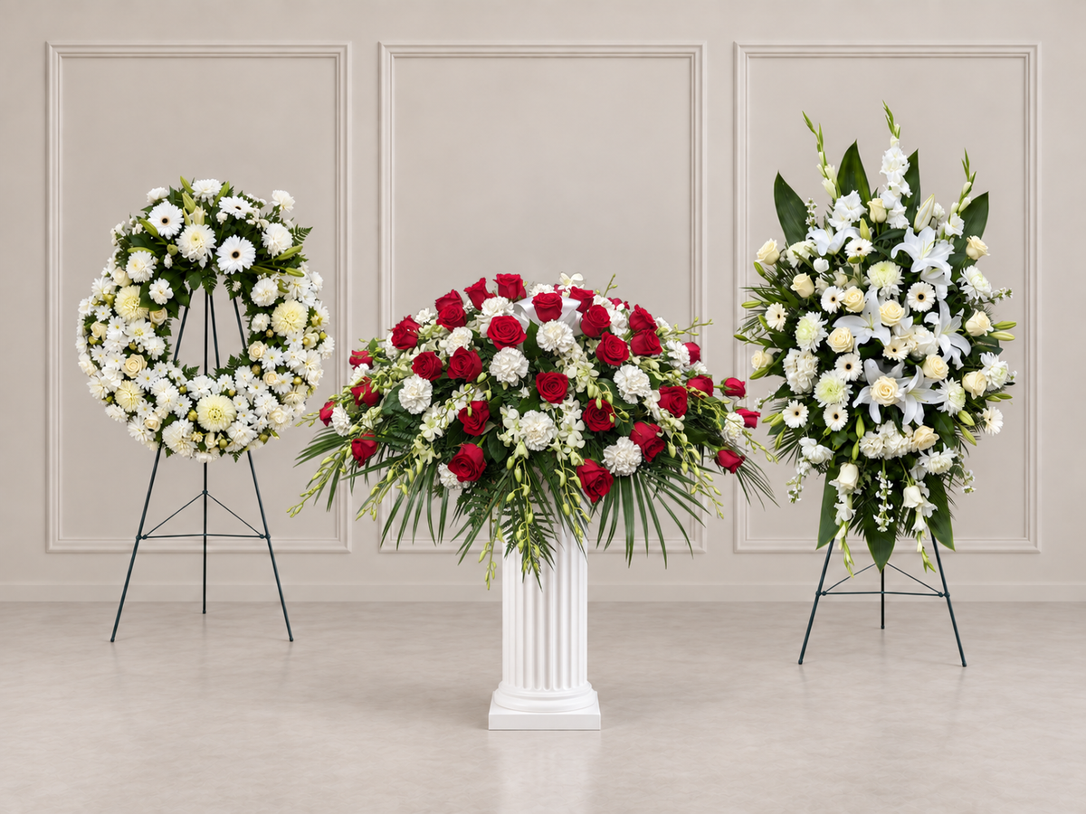 LF.02 package: CS.02 red and white casket spray, WR.01 white wreath, and SS.01 white standing spray