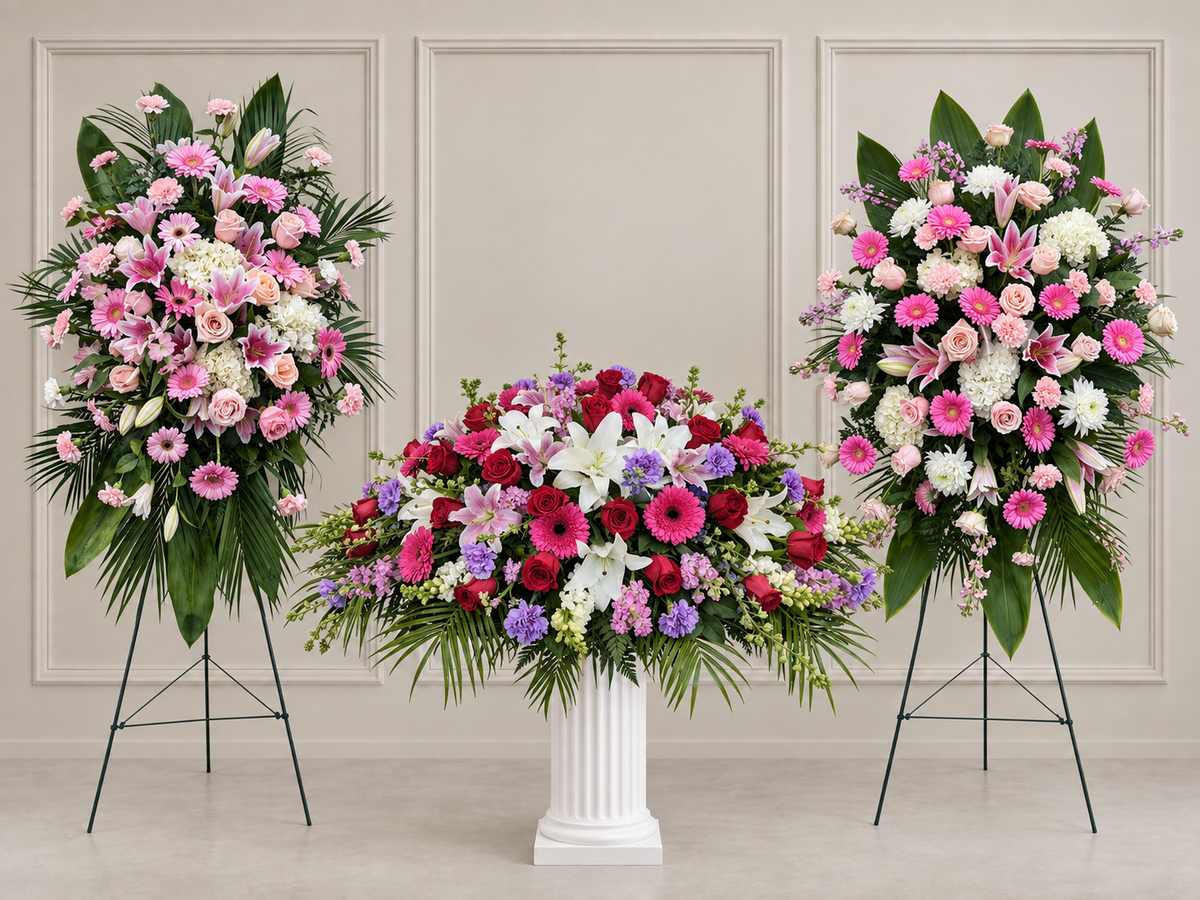 LF.04: Mixed Floral Casket Spray + Two Pink and White Standing Sprays