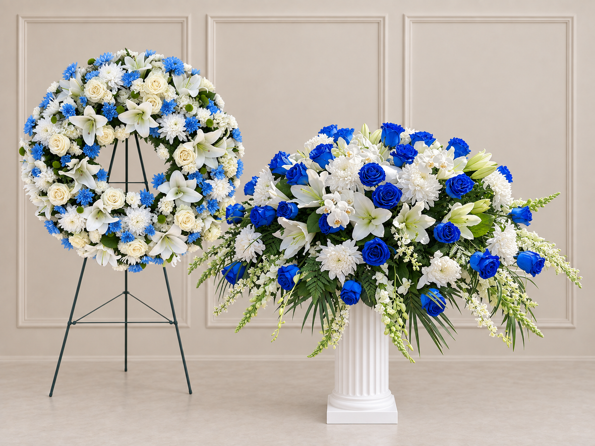 LF.07: Blue and White Casket Spray + Blue and White Wreath