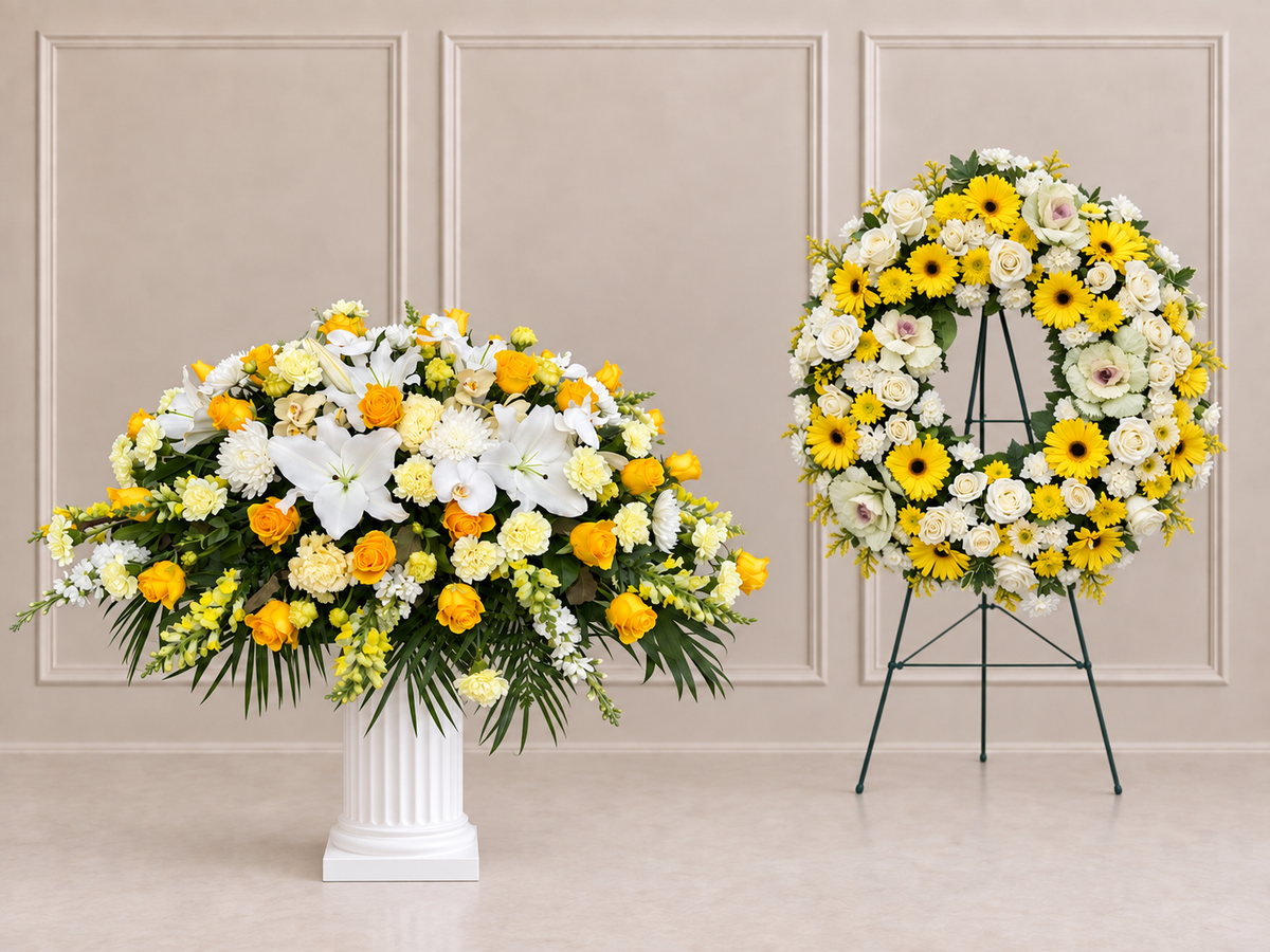 LF.08: Yellow and White Casket Spray + Yellow and White Wreath
