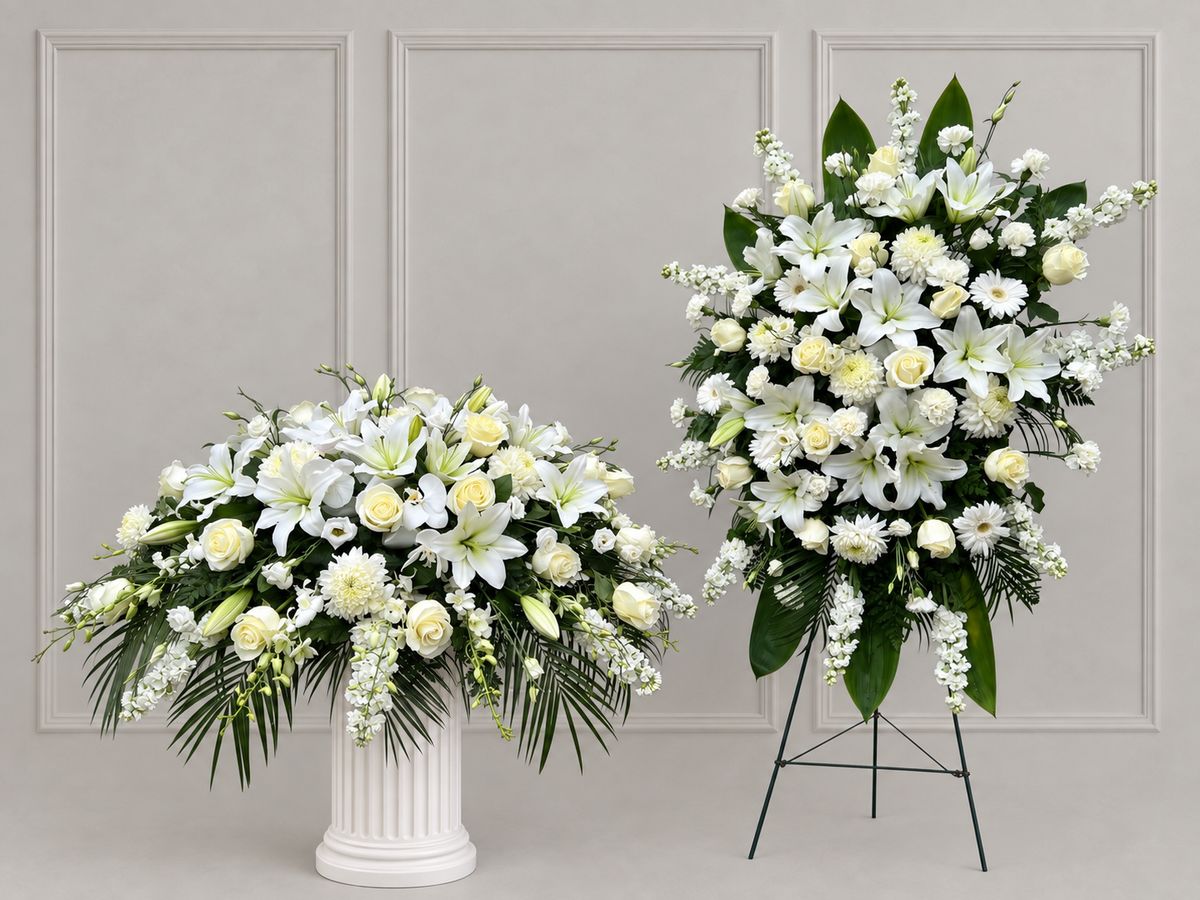 LF.09: White Casket Spray + White Standing Spray