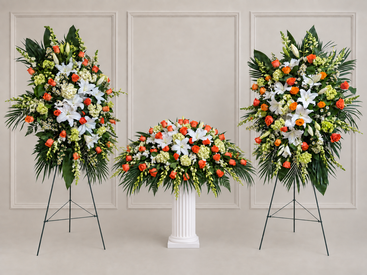 LF.10: Orange and White Casket Spray + Two Orange and White Standing Sprays