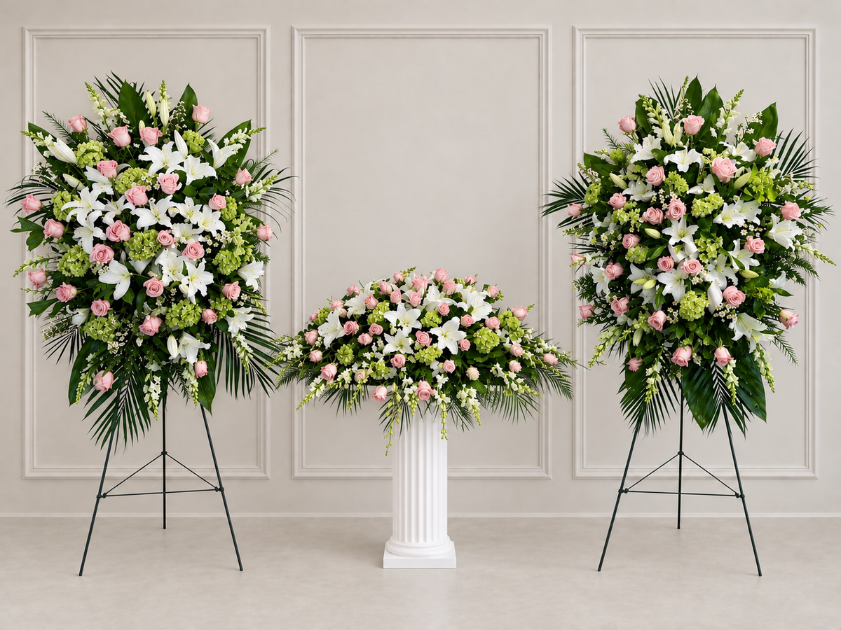 LF.15: Pink White and Green Casket Spray + Two Matching Standing Sprays