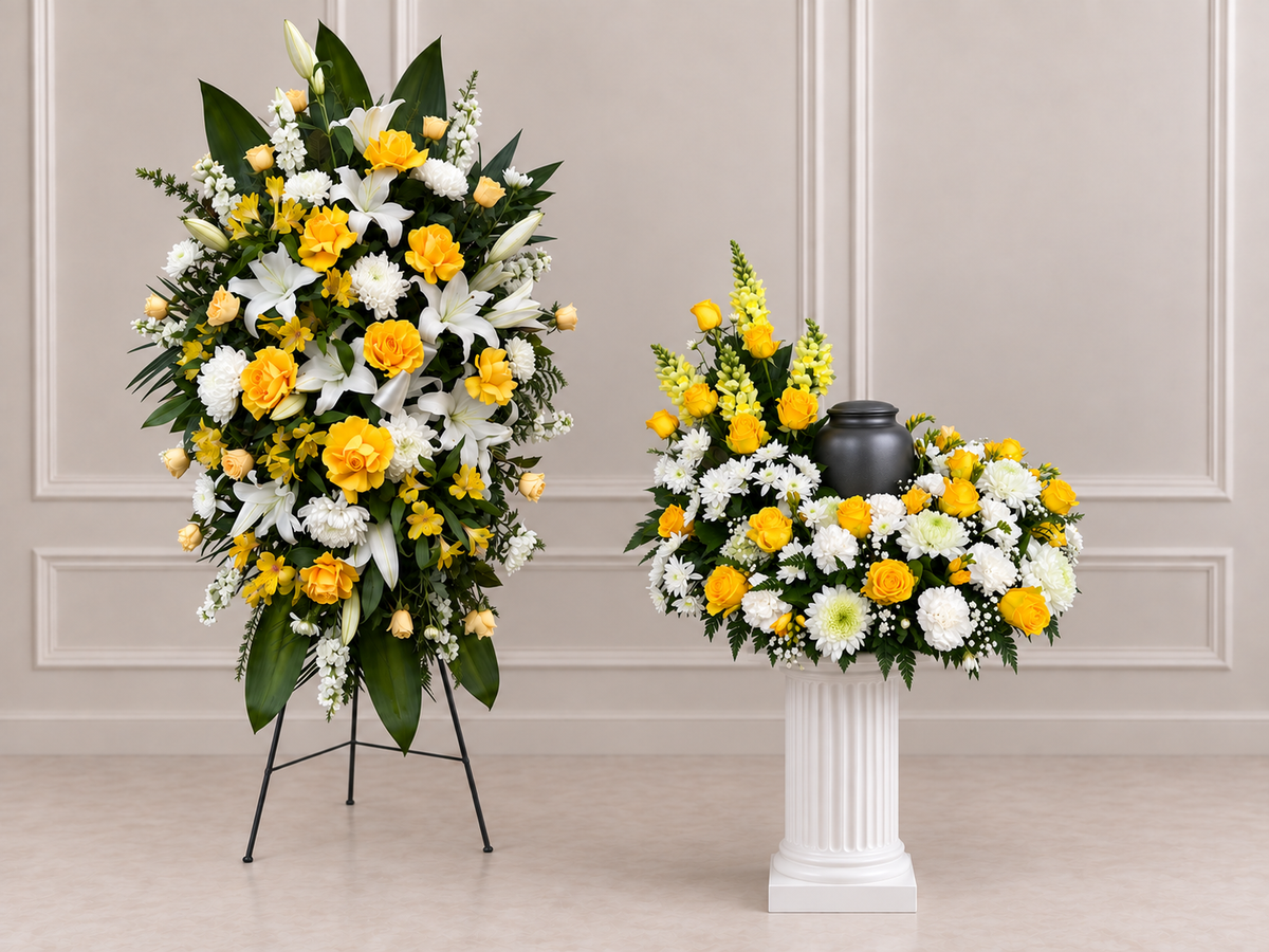 LF.16: Yellow and White Urn Florals + Yellow and White Standing Spray