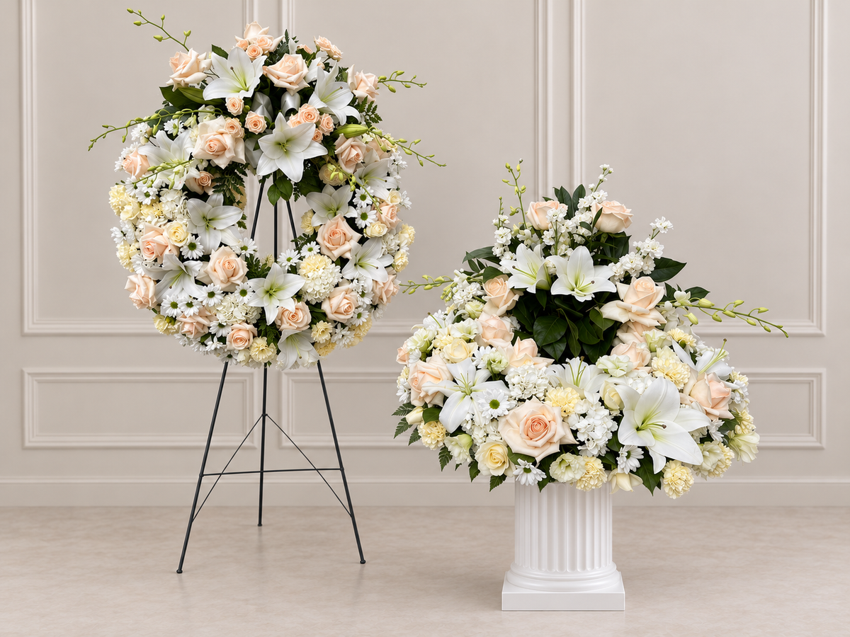 LF.17: Blush and White Urn Florals + Blush and White Wreath