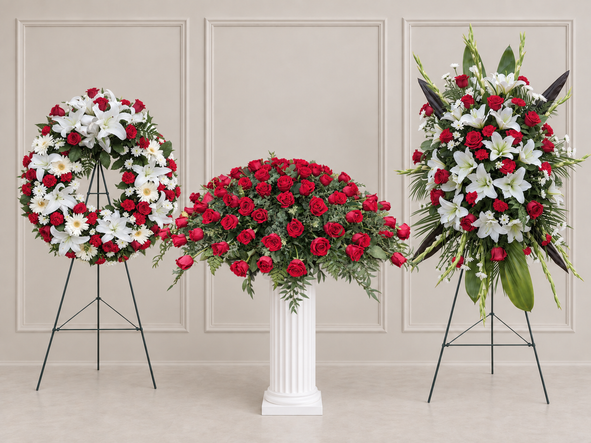 LF.05: Red Rose Casket Spray + Red and White Wreath + Red and White Standing Spray