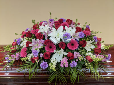 LF2- Purple and White Casket with Two Arrangements