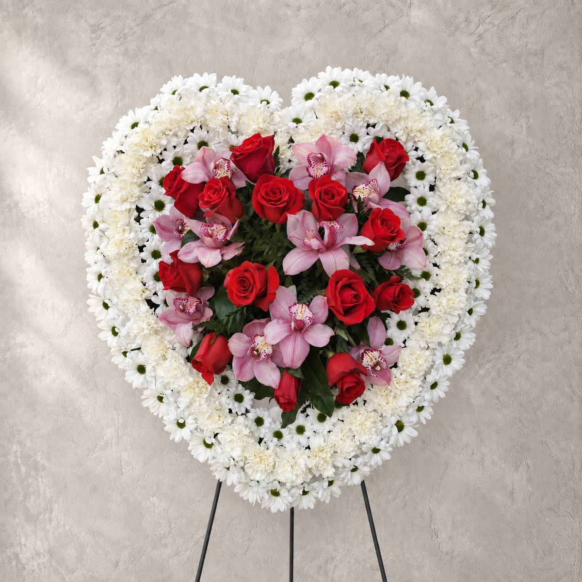 White Heart with Red Roses and Pink Orchids