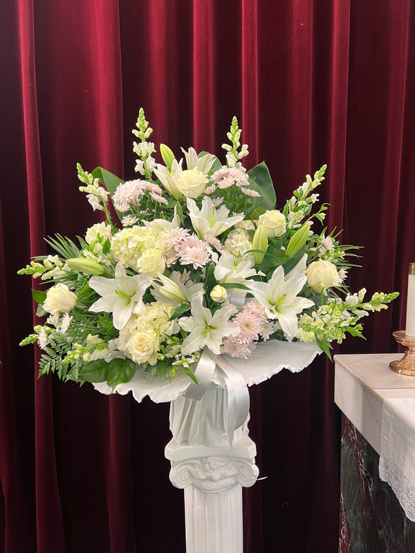LF2- Purple and White Casket with Two Arrangements