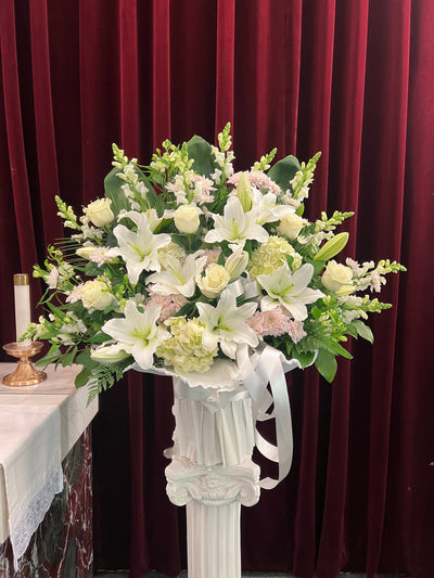 LF2- Purple and White Casket with Two Arrangements