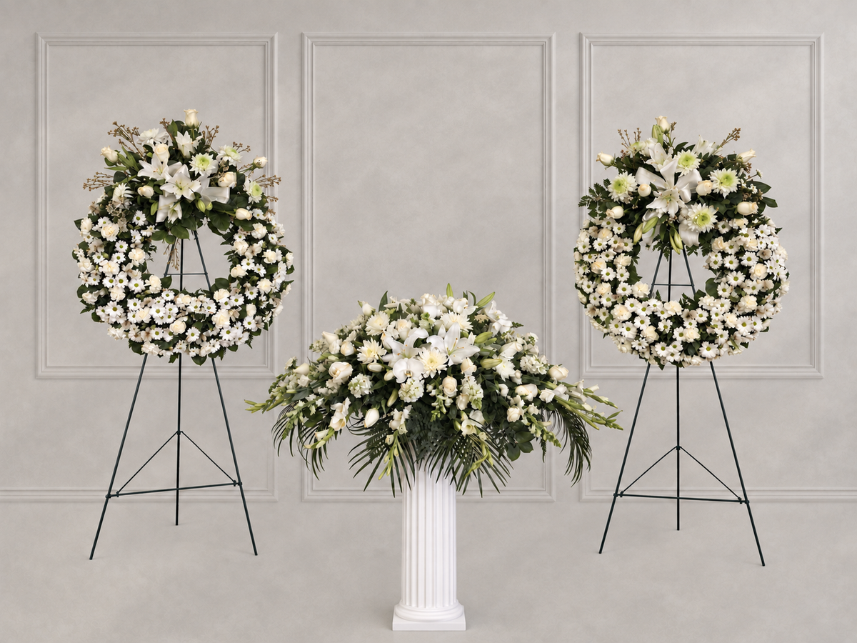 LF.03: White Casket Spray + Two White Wreaths
