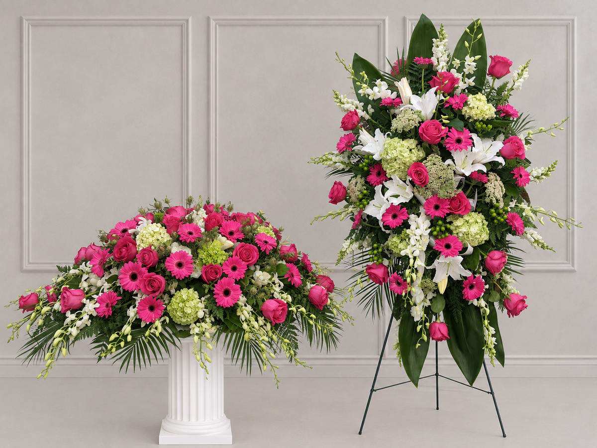 LF.06: Pink and White Casket Spray + Pink and White Standing Spray